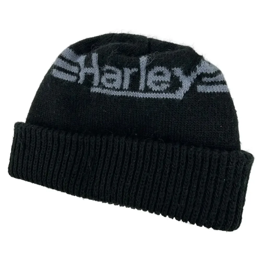 Vintage 80s Men's Harley Davidson Black and Grey Cuffed Beanie One Size Fits All